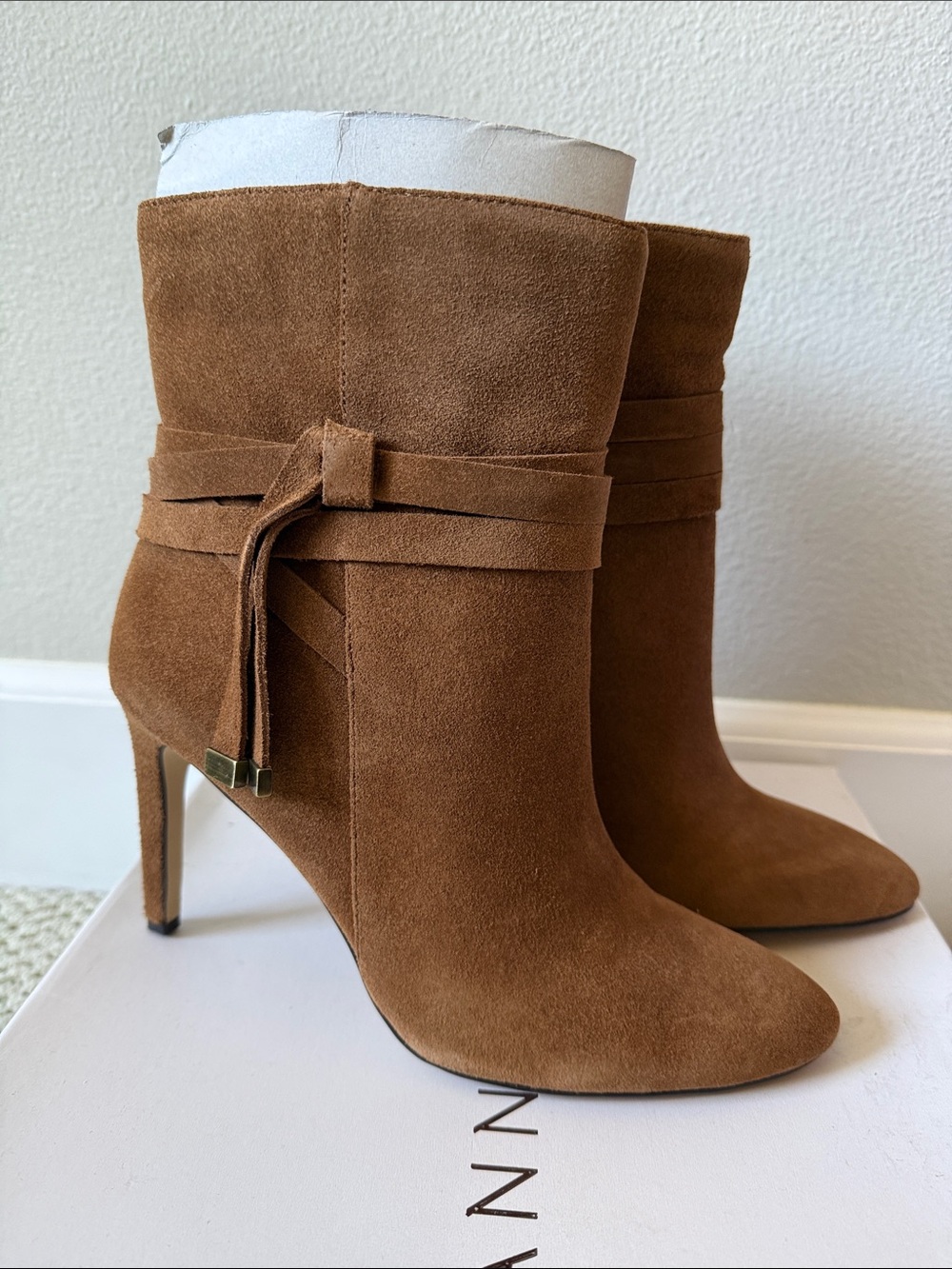 Ann Taylor Angie Cognac Suede High-Heel Ankle Boots with Tie Detail